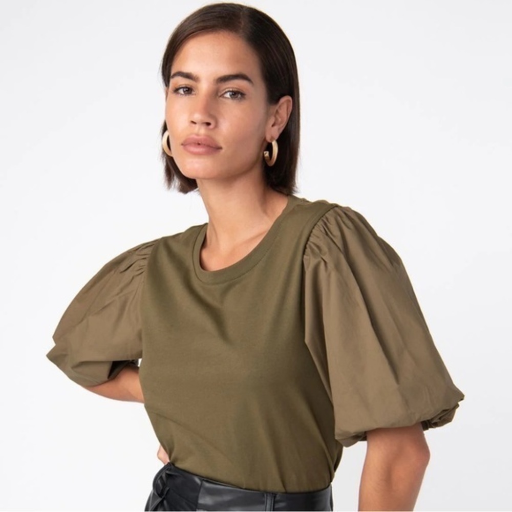 Sanctuary Women's Dream State Cotton Puff-Sleeve Tee Olive Green Large NWT